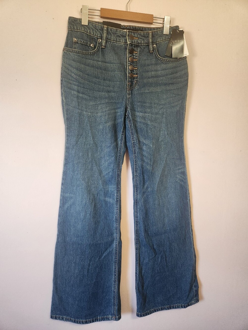 NWT Lauren Ralph Lauren High Rise Flare Jeans Exposed Button Fly Size 4 Festival